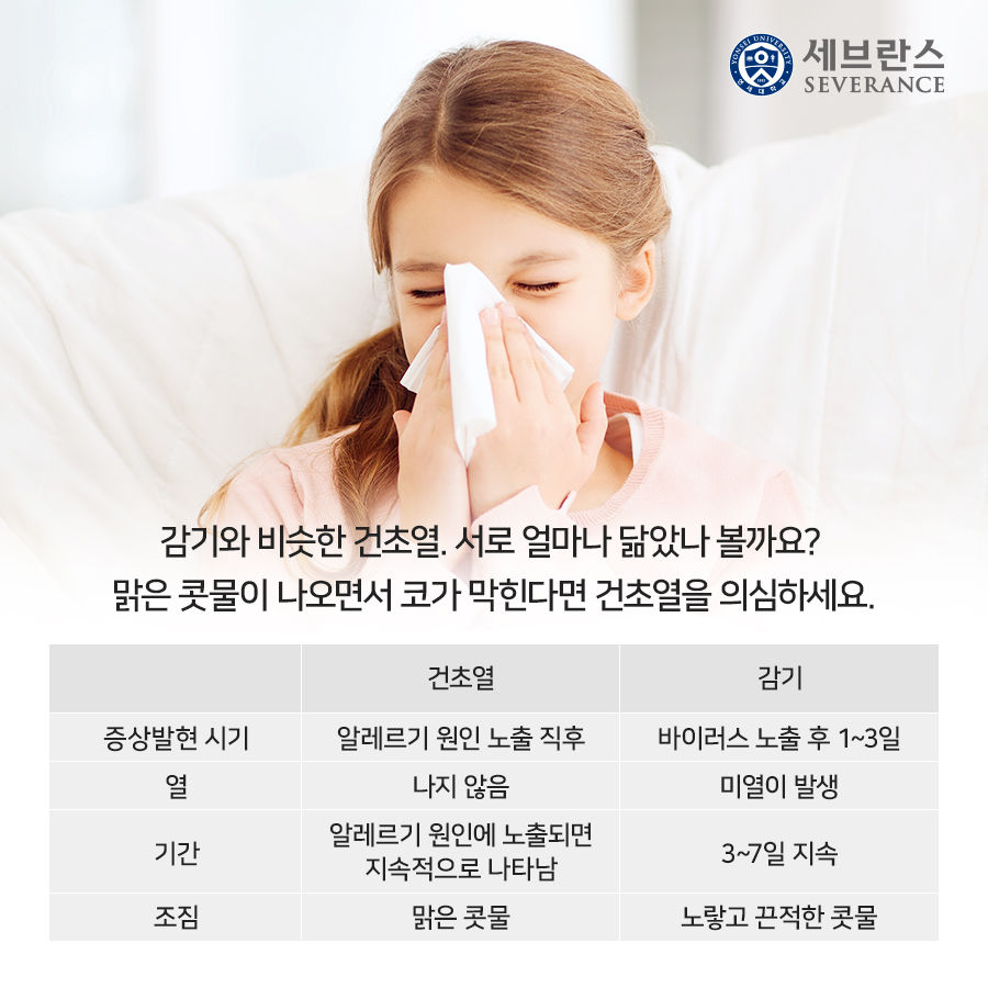 감기와 비슷한 건초열. 서로 얼마나 닮았나 볼까요?   맑은 콧물이 나오면서 코가 막힌다면 건초열을 의심하세요.